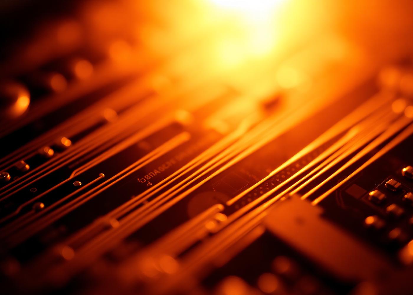 Warm-toned macro photograph of a printed circuit board with copper traces catching rim light